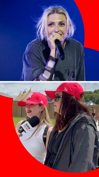 Composite image of Emily Armstrong holding a microphone and two female fans being interviews wearing red hats