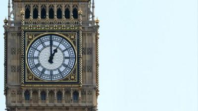 Image frames around the Big Ben Tower clock face.  Clock set to 5 past 12.