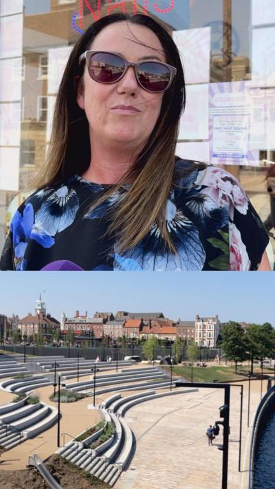 A woman wearing sunglasses standing outside of a shop. Below this is an image of Stockton’s new waterfront park featuring large stone steps. 