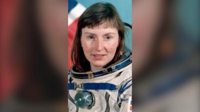 Helen Sharman, wearing a space suit, in her official portrait for the Project Juno