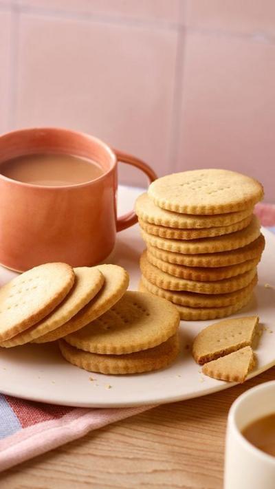 A plate of biscuits with a cup of tea next to it sits on a patterned fabric.
© BBC
