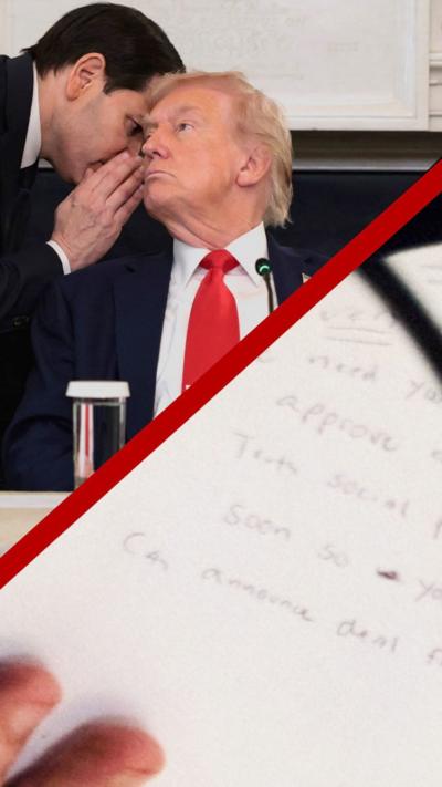 A composite image of Marco Rubio, Donald Trump and a letter