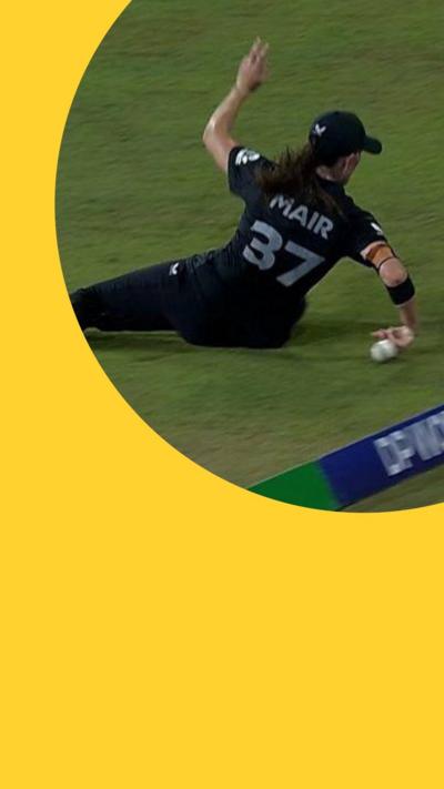 A cricket player catching a ball with her hand as it scrapes across the pitch
