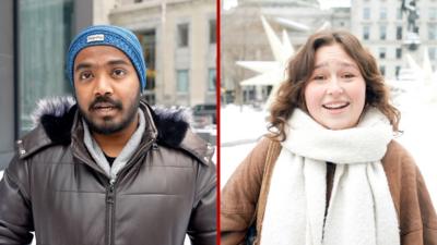 Split screen of a man and a woman wrapped up in warm clothes, snow in the background 