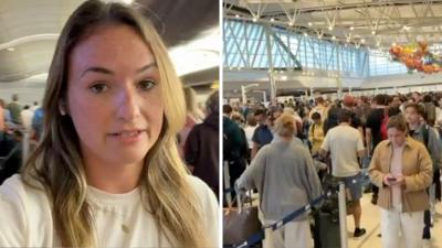 On the left, we see Christal Hayes standing in line at the airport. On the right, we see a big line.
