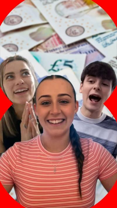 Three students pictured against a backdrop of bank notes