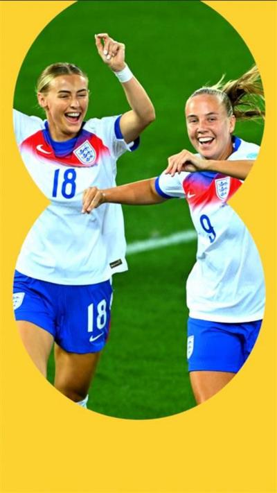 England's Chloe Kelly and Beth Mead smiling with their arms in the air on the pitch, after a goal