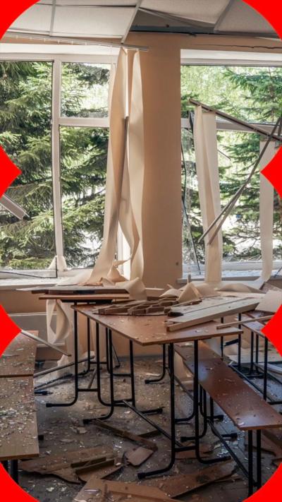 Images of a destroyed school in Ukraine with a badly damaged roof, debris, and books scattered on the floor.