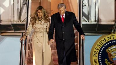 President Trump and First Lady Melania leave Air Force One at Stansted Airport