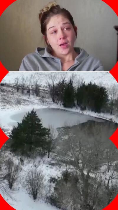 A splitscreen image of a woman in a grey hoodie and a frozen lake