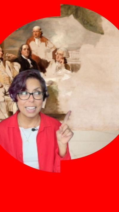 A woman with short brown hair pasted in front of a half-finished painting showing the US Founding Fathers.