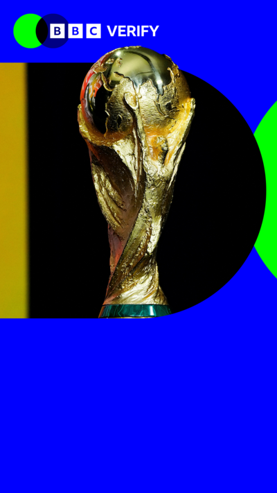 A picture of the world cup trophy against a blue BBC Verify background 