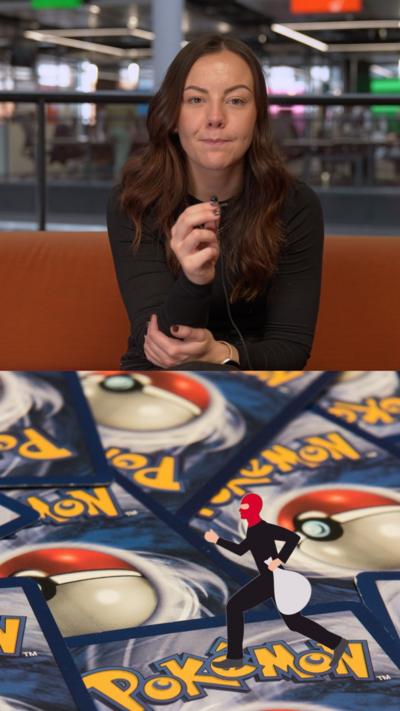 Split screen, with reporter Tink at the top and a pile of Pokemon cards below.