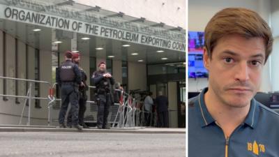 Split image showing the front of Opec building and Nick Marsh