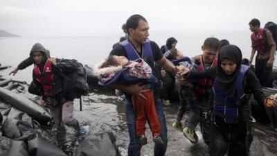 Migrants arriving in Lesbos, Greece