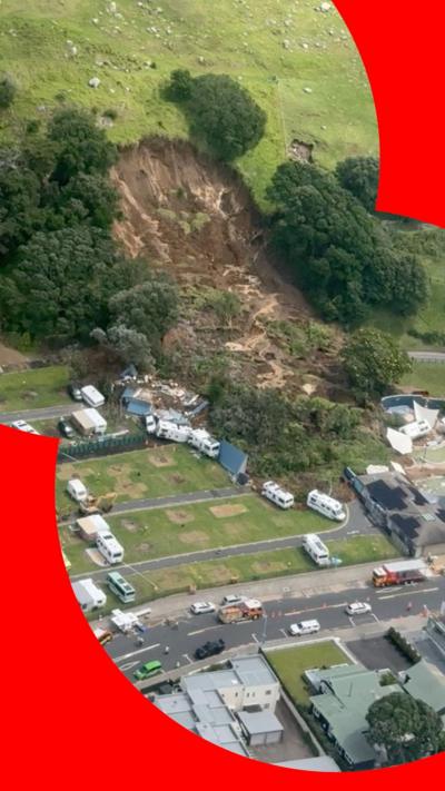 An aerial view of a landslide above a camping ground in Mt Maunganui, New Zealand