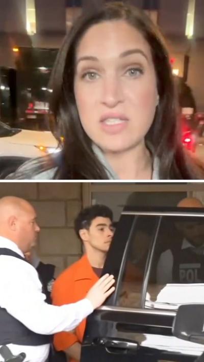 A split screen of a woman with brown hair and Luigi Mangione in an orange jumpsuit getting into a car.