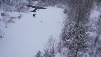 A plane flies over a family, who wave from the snow-covered land below