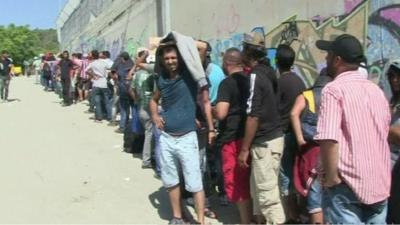 Queue of migrants on Lesbos