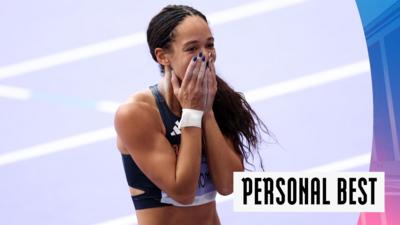 Watch Great Britain's Katarina Johnson-Thompson throw a shot put personal best in the women's heptathlon