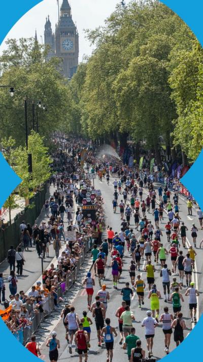 Runners at the 2025 London Marathon fill the streets with Big Ben in the background.