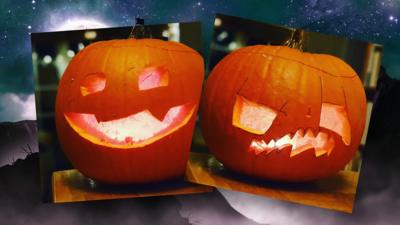 A happy and a sad pumpkin over a halloween background.