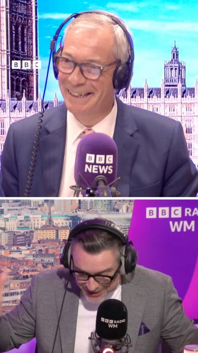 Split screen view with Nigel Farage above, smiling, in a radio studio. He's wearing a blue blazer, glasses and headphones. below presenter Ed James, grey blazer, white shirt, black galsses talking into a microphone. 