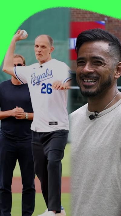 Thomas Tuchel throwing a baseball and Sami Mokbel