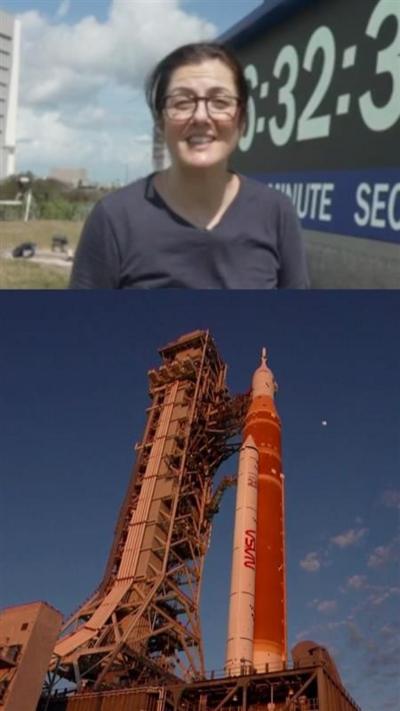 Split screen image showing reporter Leyla Khodabakhshi and the Nasa Artemis flight