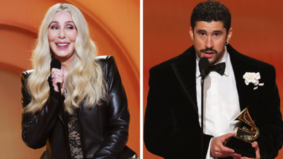 Split screen showing Cher on the left and Bad Bunny on the right, holding a Grammy