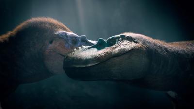 Two Albertosaurus nuzzle their snouts together