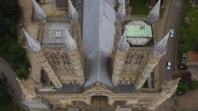 A view of Lincoln Cathedral from the air