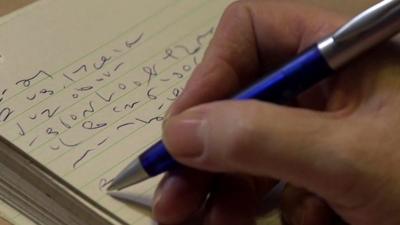 Mary Sorene writing shorthand