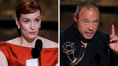 A composite image of Britt Lower on the left, whose red hair is in a ponytail, wears a red silk dress during her acceptance speech, and Stephen Graham on the right wears a black suit and black shirt as he points upwards while accepting his award