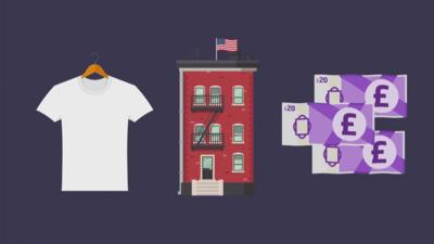 Gfx of a t shirt, a New York apartment and money.