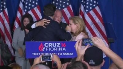 Ted Cruz accidentally strikes his wife Heidi while hugging his father on stage - 3 May 2016