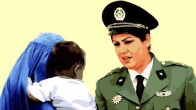 Painting of female police officer talking to women and child