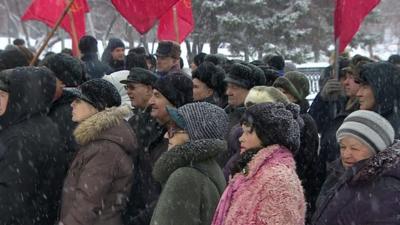 People standing in the cold in Novosibirsk in Siberia, Russia