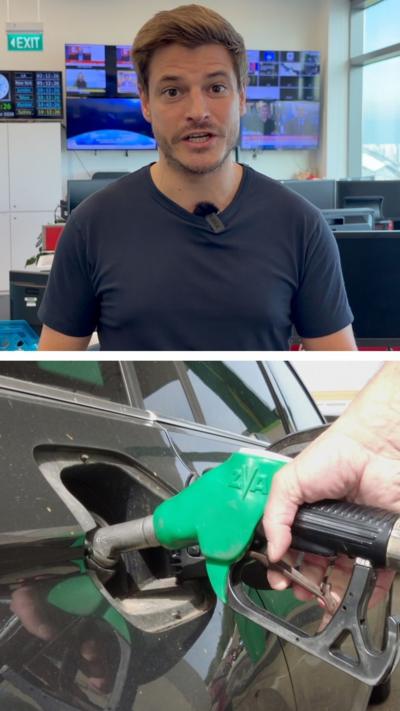 Nick Marsh, a man with short hair and stubble, dressed in a blue t-shirt in an office, and an image of a fuel pump nozzle in a car