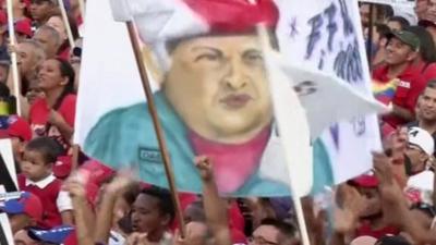 A Hugo Chavez banner at a rally