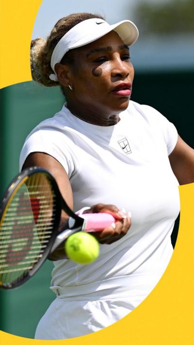 Serena Williams hitting a tennis ball in training for Wimbledon. She is wearing a white cap and a white shirt.