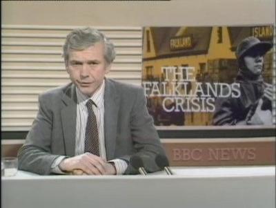 John Humphrys reading the news with an image behind him reading 'The Falklands Crisis'