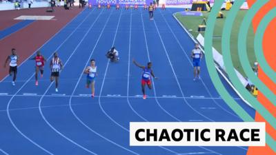 wide shot of the finish line in 100m semi final