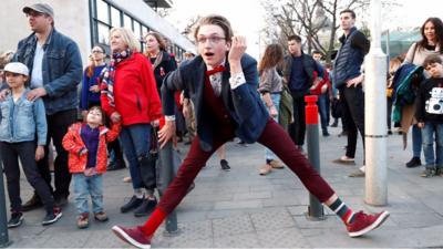 People at the Budapest silly walk parade