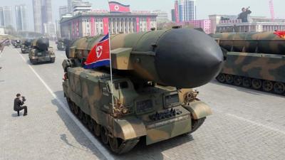 Missiles are shown during a military parade in Pyongyang, 15 April 2017