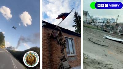 Composite image shows an aeroplane in the air, a Russian flag being removed and debris on a road