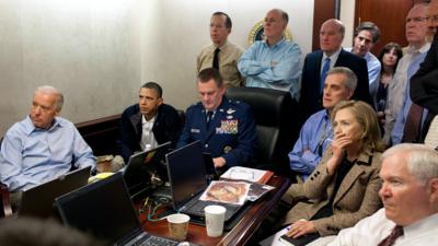 Joe Biden, Barack Obama and Hilary Clinton in the Situation room watching a screen out of shot