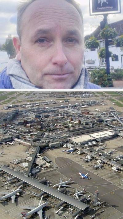 Aerial shot of London Heathrow Airport on the bottom of the screen. BBC reporter on the top of the screen.