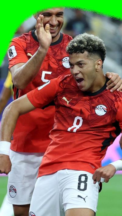 Emam Ashour strikes a pose to celebrate scoring a goal for Egypt against Australia in the 2026 World Cup.