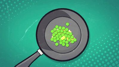 Illustration of frying pan loaded with peas and butter